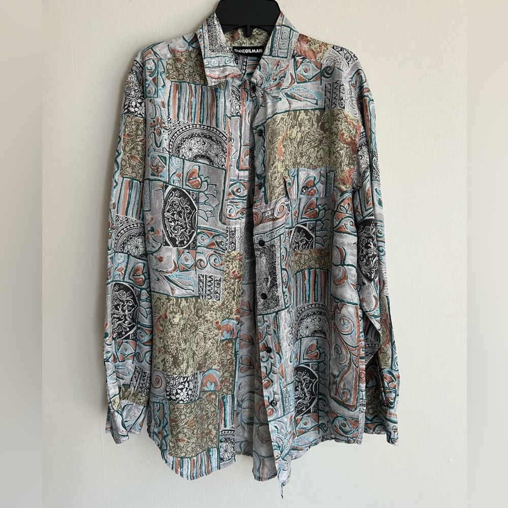 VINTAGE DIANE GILMAN 90s Silk Tapestry Button Top Oversized Lagenlook Art Wear M - Picture 3 of 13